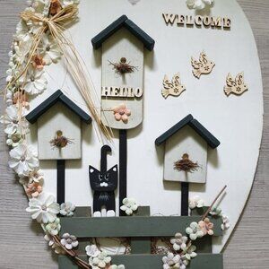 Door wreath Heart Birds Hanger WELCOME Door Sign HELLO Cat Home Office Decor